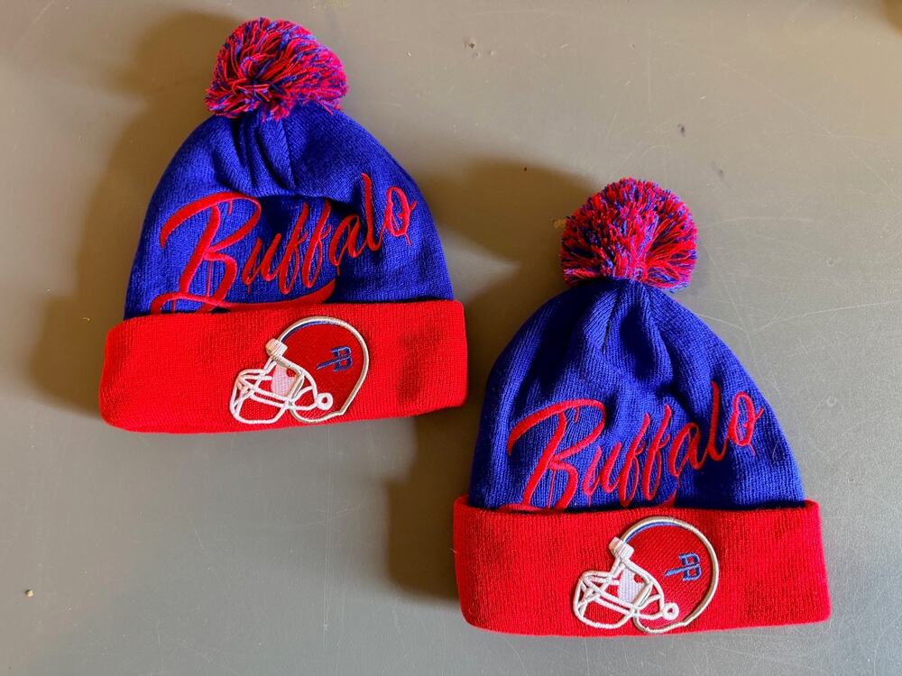 TWO Buffalo Football Adult Pom Beanies
